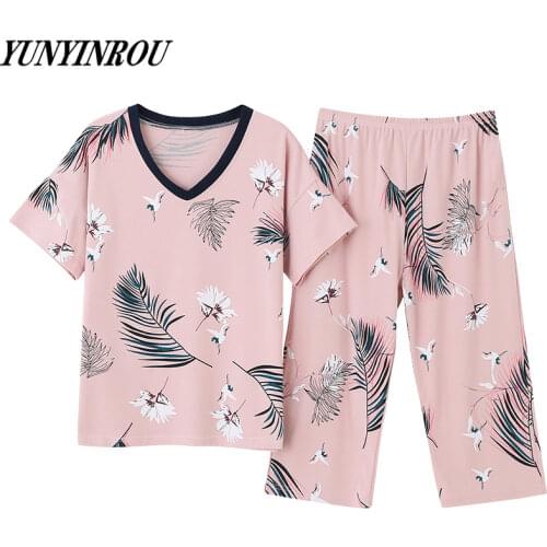 Summer New Knitted Cotton Womens Pajama Sets Elegant Nightwear Women Pajamas Plus Size Calf-Length Pants Sleepwear 3XL Homewear