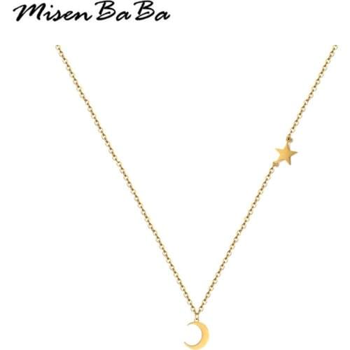 Stainless Steel Thin Star Moon Pendant Necklace for Women Girls Pentacle Clavicle Choker Engagement Jewelry Gift