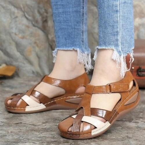 New Summer 2021 Womens Retro Shoes Hollow Out Sandal Large Wedge Heel Soft Sole Sandals Women PU Leather Shoes Sandals