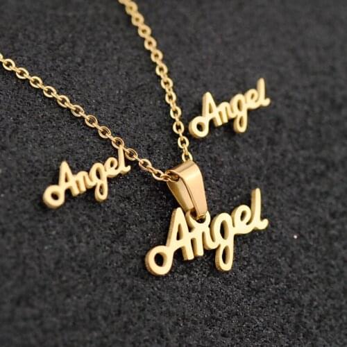 New English Angel Angel Pendant Necklace Earrings Clavicle Chain Ladies Fashion Gold Plated Stainless Steel Set