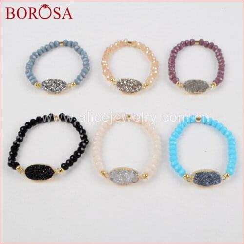 BOROSA Oval Gold Color Connector Natural Stone Druzy Titanium Rainbow Druzy With Rainbow Faceted Beads Handmade Bracelet G1282