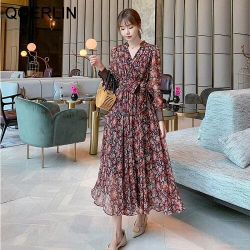 QOERLIN with Lining Retro French Dress Women V Neck Bandage High Waist Floral Dress Plus Size Elegant Zipper Chiffon Vestidos