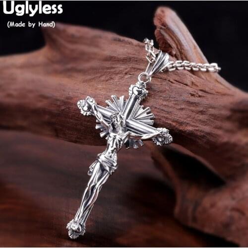 Uglyless God Bless U Jesus Pendants for Men Religious Christian Gifts Fine Jewelry 925 Thai Silver Cross Necklaces NO Chain P780