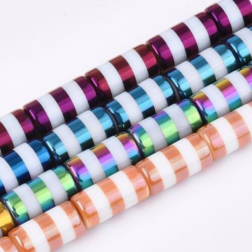 5 Strand Half Electroplate Opaque Glass Beads Column Shape with Stripe Loose Bead Charm For Bracelet Necklace DIY Jewelry Making