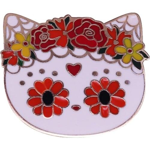Sugar Skull Cat Pin Day of the Dead Flair Art Addition