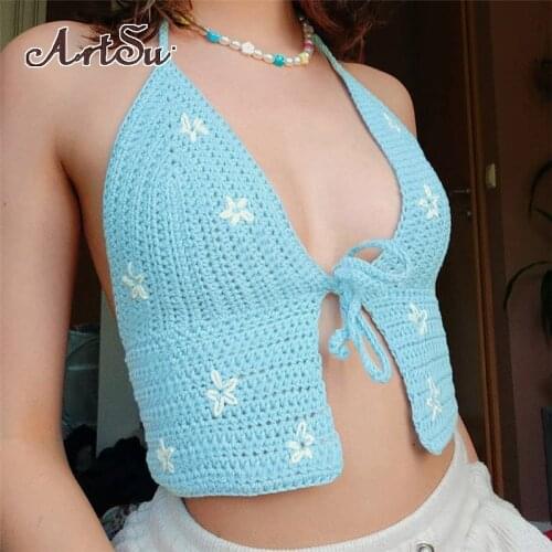 Artsu Summer Camisole Short Top For Women Little Fairy Halter Neck Tie Vest Knitted Embroidery Party Night Clubwear ASVE83447