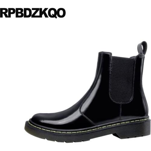 Size 33 Round Toe Genuine Leather Black Thick Low Heels Patent Handmade Chunky Women Pumps High Quality Designer Shoes Small