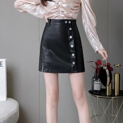 Autumn winter women A-line short mini skirts sexy high waist zipper split PU leather skirts ladies single-breasted work skirts