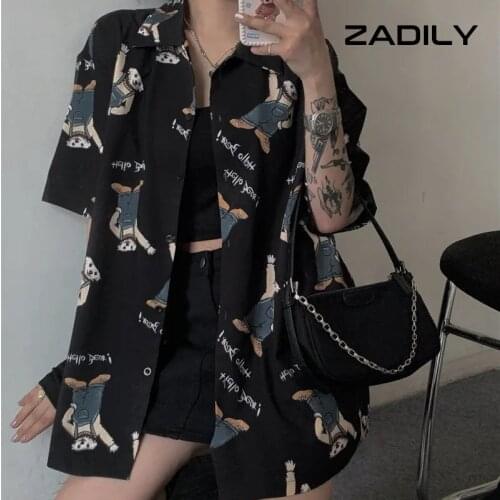 ZADILY 2021 Steet Style Short Sleeve Oversize Women Shirt Blouse Y2K Cartoon bear Print Black Ladies Shirts Button Female Tops