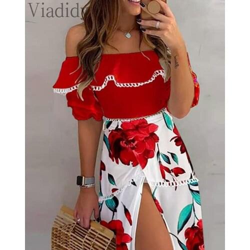 Womens Fashion Off Shoudler Scallop Trim Top & Slit Skirt 2pcs Set