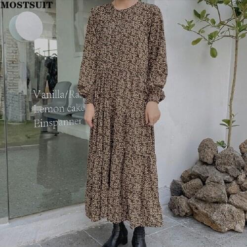 Floral Printed Women Long Maxi Dress Autumn Full Sleeve O-neck Pleated Dresses Elegant Vintage Loose Waist Ladies Vestidos 2021