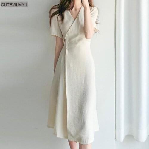 Korean Style Summer Women Solid Midi Dress V Neck Apricot Navy Blue Buttons Elegant Bodycon Short-Sleeved Elegant Chic Dresses