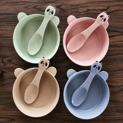 1 Set Cute Cartoon Panda Bowl Spoon Wheat Straw Eco-friendly Kid Training Dinnerware Set Anti-hot Bowl Plate For Kids