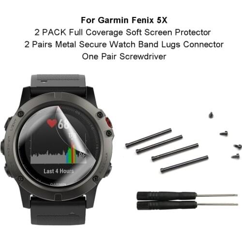 2-PACK Full Coverage Soft Screen Protector with Metal Secure Watch Band Lugs Connector &Screwdriver for Garmin Fenix 5X/3/3 HR