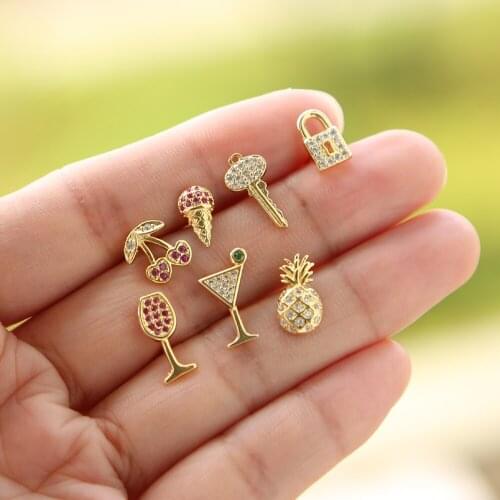 2021 Summer Beach Women Girl Fashion Jewelry Cute Tiny Cherry Ice Cream Fruit Wine Key Lock Design Charm Small Cz Stud Earring