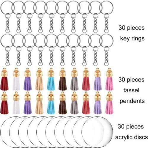 48/90Pcs Acrylic Clear Circle Discs Keychain Set Round Acrylic Keychain Blank Leather Tassel Pendant Jump Rings For DIY