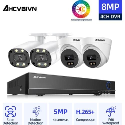 4K 4Channel DVR Kit Indoor Face Detection Video Surveillance Camera Kit 5MP CCTV Home Security Colorfull Night Vision System Set