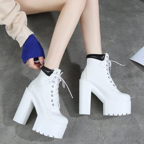 Brand Shoes 14CM Thick High Heels Women Shoes Pumps PU Lace Up Round Toe waterproof Office & Career Casual Classics women shoes