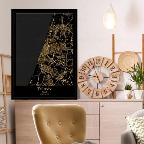 Black Poster Tel Aviv city map HD Print Fashion Painting Minimalist Decorative Picture Canvas Painting for living room