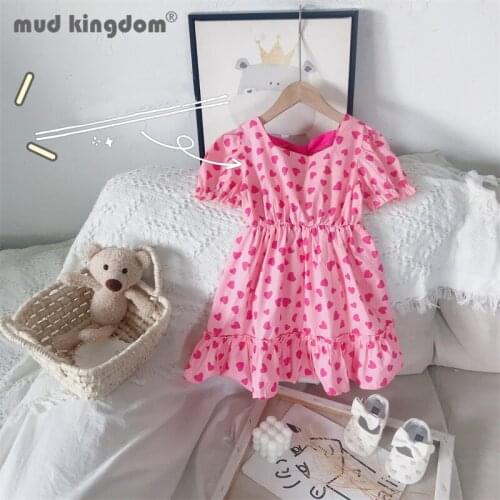 Mudkingdom Girl Heart Dress Cute Print Puff Sleeve Backless Bow Elastic Waist Princess Dresses Kids Square Collar Kids Clothes