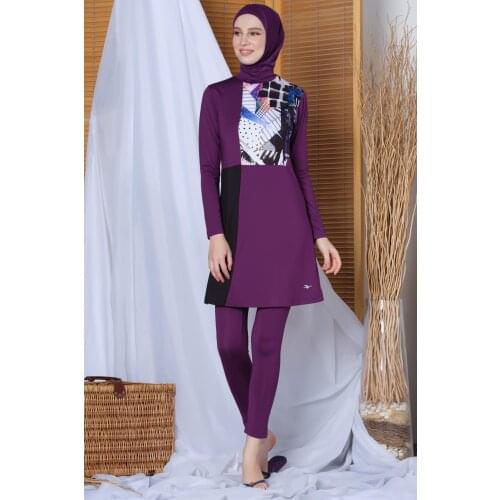 Women Long Sleeve Front Detail The Tights Hijab swimwear 20113 Eggplant purple