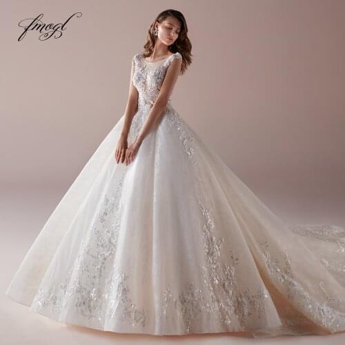 Fmogl Sexy Illusion Cap Sleeve Princess Wedding Dresses 2020 Elegant Appliques Beaded Flowers Chapel Train Vintage Bridal Gowns
