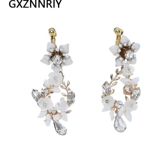 Handmade Ceramic Flower Clip On Earrings for Women Accessories Crystal Bridal Wedding Drop Earring Party Jewelry Bridesmaid Gift
