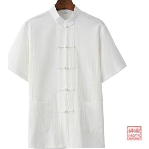 Summer youth short sleeve Tang suit mens shirt pure cotton Chinese style plate button Hanfu elderly half sleeve Jushi coat