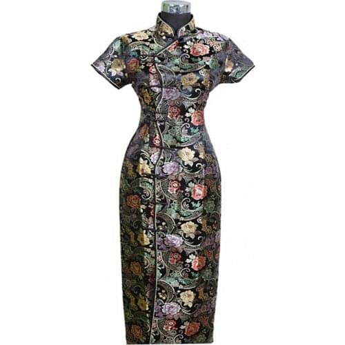 Fashion Black Chinese Womens Satin Cheong-sam Long Qipao Dress Flower S M L XL XXL XXXL J0024