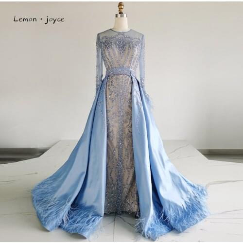 Dubai Muslim Light Blue Sexy Mermaid Evening Dresses 2021 with Removable Overskirt Scoop Neck Long Sleeves Beading Formal Dress