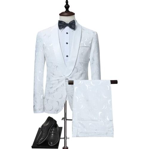 Mens White Rose Print Suits With Pants Wedding Groom 2 Piece Suit (Jacket+Pant) Men Stage Singer Prom Costume Homme Tuxedo Suit