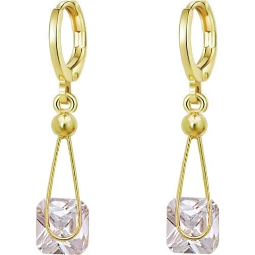 MxGxFam 14 k Light Gold Color Clear / Pink Square CZ Drop Earrings for Women AAA+ Cubic Zricon