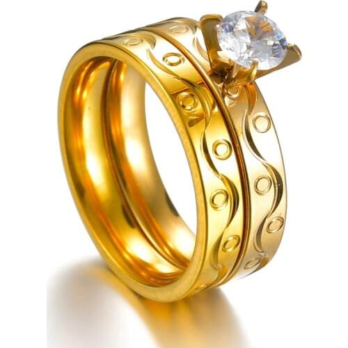 Gold Color CZ Zircon Finger Ring Set Wedding Bands Stainless Steel Couples Gift For Women And Men Jewelry