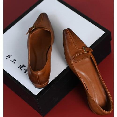 Pointed Genuine Leather Women Shoes Sheepskin Womens Shoes Square Gead Womens Whoes Cat Heel ShoesRetro Casual Shoes