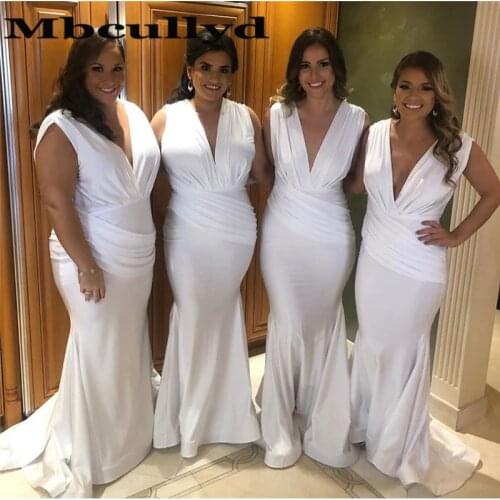 Mbcullyd Deep V-neck Mermaid Bridesmaid Dresses Long Elegant Ruffled African Maid Of Honor Gown 2020 White Wedding Guest Dress