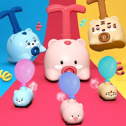 QWZ Inertia Power Rocket Balloon Car Toy Puzzle Fun Education Cartoons Pig Air Power Balloon Car Science Toy for Children Gift