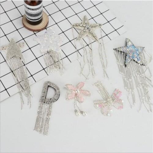 Hand stitchin Rhinestone Patches costume DIY sequins stars long tassel pendant Sew on Crystal beaded Applique fringed accessory