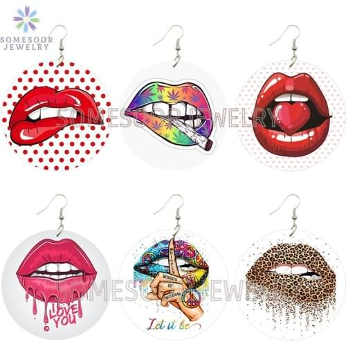 SOMESOOR Leopard Spot Lips Arts Printed Wooden Drop Earrings Love Kiss Hip Hop Cute Wood Loops Dangle Jewelry For Women Gifts