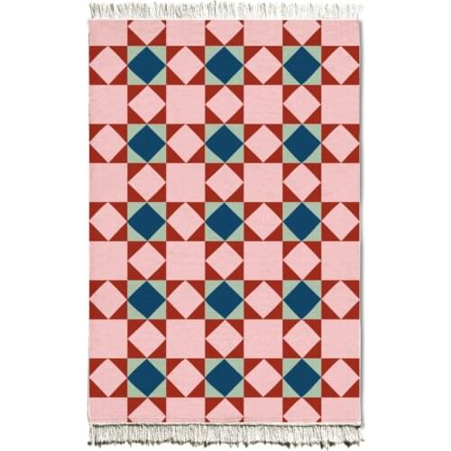 The Mia Kitchen Office For Bed Room Decorative Stylish Square Triangle Pattern Pink Double-Sided Anatolian Rug 150x100 cm
