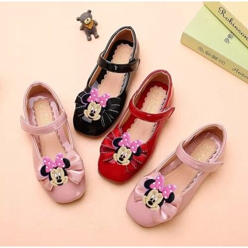 Disney Minnie girl princess leather shoes 2021 new spring and autumn single shoes square toe non-slip small leather shoes casual