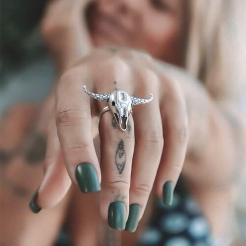Vintage Black Bull Rings For Women Men Silver Color Punk Adjustable Ring Retro Steampunk Hollow Rings Jewelry Wholesale