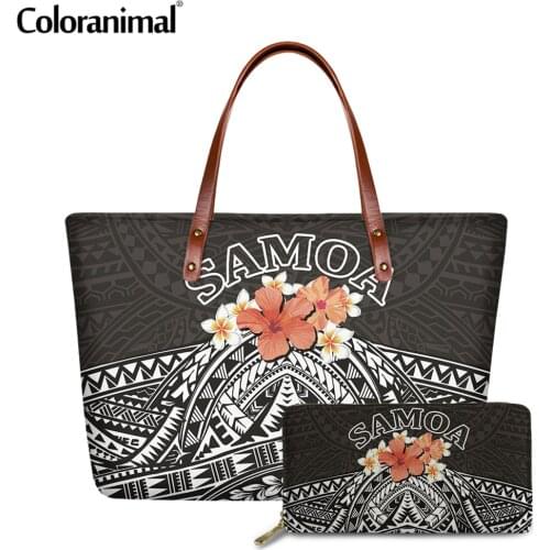 Coloranimal Samoan Polynesian Plumeria With Hibiscus Printed Lady Shoulder Bag Large Tote Crossbody Bag 2Pcs/Set Handbag&Purse