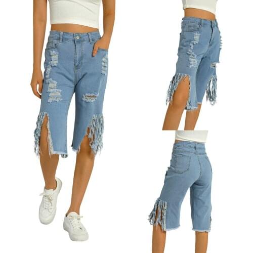 Women Solid Color High Waist Short Jeans Pockets Slim Fit Split Ripped Denim Shorts Support Wholesales