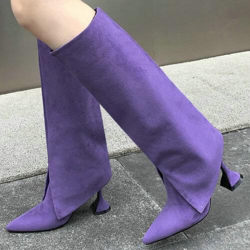 2021 Women Knee High Boots Fashion Pointed Toe Thin High Heel Ladies Calf Voots Faux Suede Slip on High Quality Womens Boots