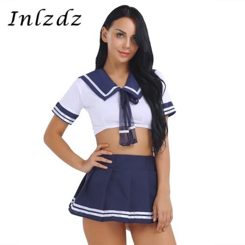 Womens School Girls Fancy Sex Cosplay Costume Sailor Uniform Short Sleeve Top with Skirt Set Hot Sexy Role Play Games Clothing