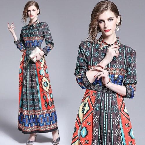 Summer Fall Runway Vintage Floral Bohemain Print Collar Long Sleeve Empire Waist Women Ladies Casual A-Line Maxi Dress