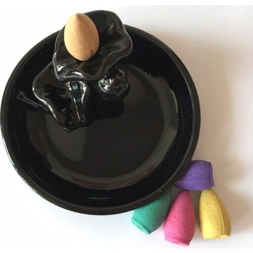 1Pc Ceramic Burner With 5Pc Backflow Incense Cones Bullet Incense Stickers Holder Lotus Leaf Ceramic Censer Home Decor N26 Black