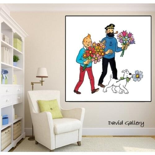 100% Hand Painted Oil Painting With Popular Art Graffiti Artworks TINTIN Cartoon On Canvas For Kids Room