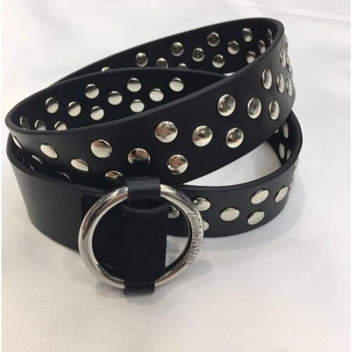 2021 Black Cow Leather Belt punk style Fashion Woman Silver Metal Buckle Belts for Woman