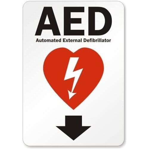 AED Automated External Defibrillator (with Heart Graphic & Arrow), Tin Sign Metal Sign, 12 x 8 Inches
